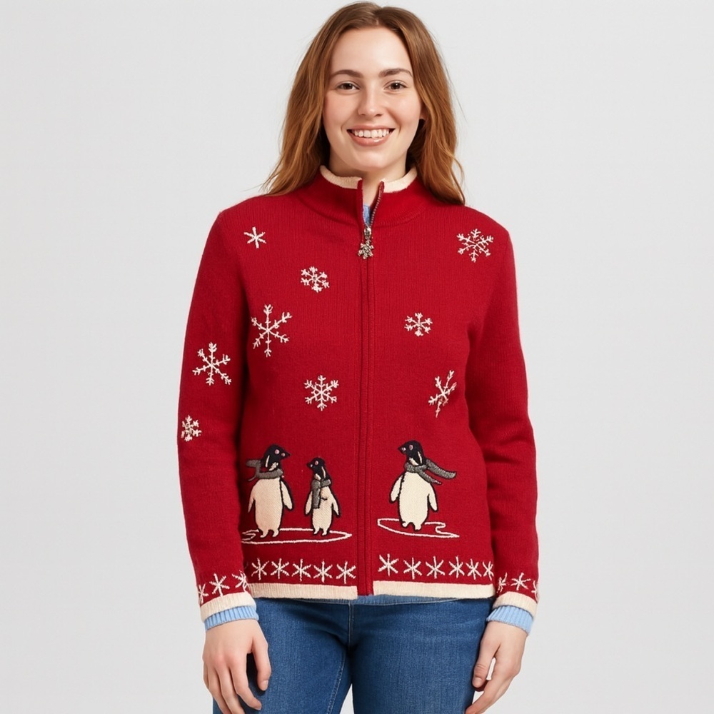 Charter Club Women’s M Red Wool Cardigan Sweater Embroidered Bead Holiday Winter